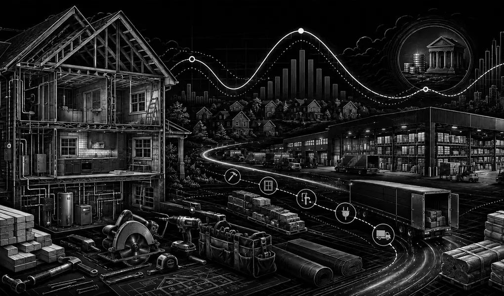 Schwarz-weiße technische Illustration eines renovierten Hauses, professioneller Werkzeuge und der Home-Depot-Logistikkette im schwachen US-Wohnungsmarkt.
