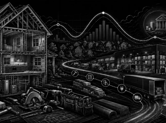 Schwarz-weiße technische Illustration eines renovierten Hauses, professioneller Werkzeuge und der Home-Depot-Logistikkette im schwachen US-Wohnungsmarkt.