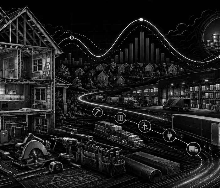 Schwarz-weiße technische Illustration eines renovierten Hauses, professioneller Werkzeuge und der Home-Depot-Logistikkette im schwachen US-Wohnungsmarkt.