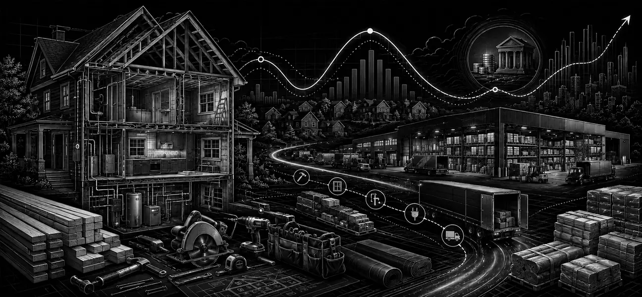 Schwarz-weiße technische Illustration eines renovierten Hauses, professioneller Werkzeuge und der Home-Depot-Logistikkette im schwachen US-Wohnungsmarkt.