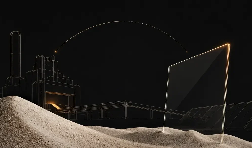 Minimal dark line illustration of silica sand, a glass plant and a solar glass panel representing Homerun Resources' industrial strategy.