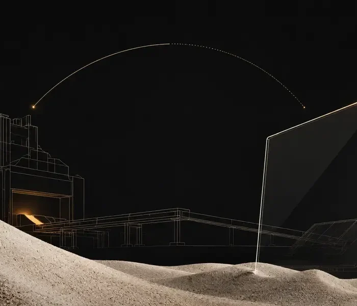 Minimal dark line illustration of silica sand, a glass plant and a solar glass panel representing Homerun Resources' industrial strategy.