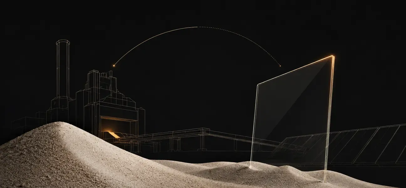 Minimal dark line illustration of silica sand, a glass plant and a solar glass panel representing Homerun Resources' industrial strategy.