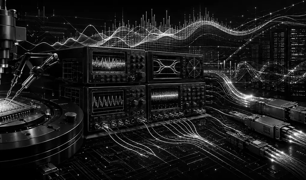 Black-and-white technical illustration of semiconductor probes, precision test instruments, optical links and AI data-center validation.