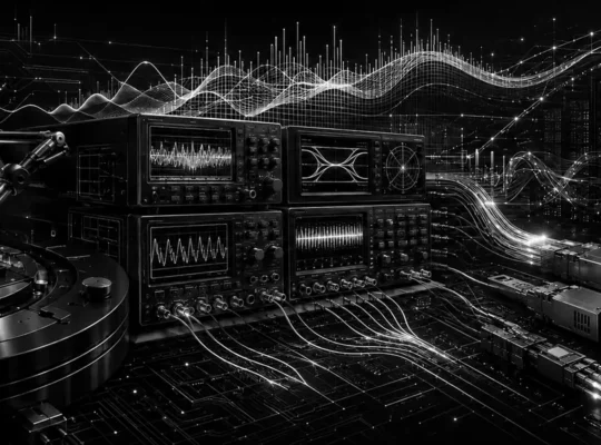 Black-and-white technical illustration of semiconductor probes, precision test instruments, optical links and AI data-center validation.