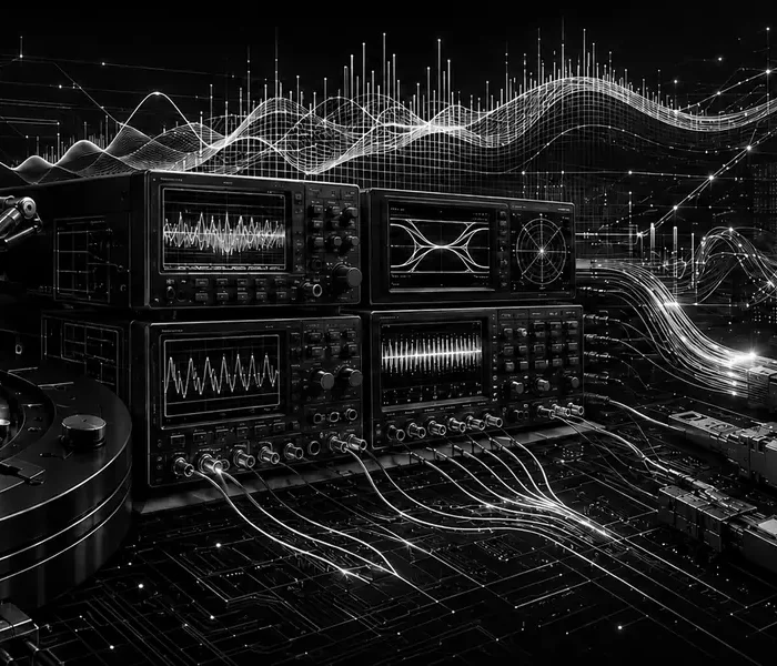 Black-and-white technical illustration of semiconductor probes, precision test instruments, optical links and AI data-center validation.