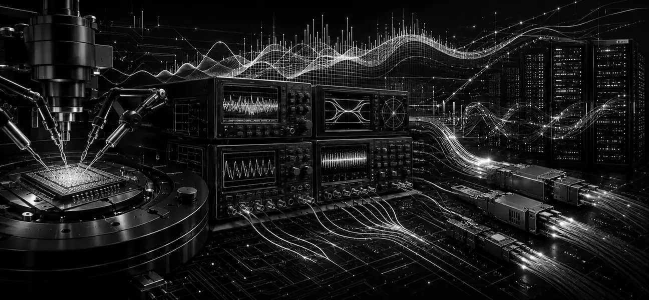 Black-and-white technical illustration of semiconductor probes, precision test instruments, optical links and AI data-center validation.