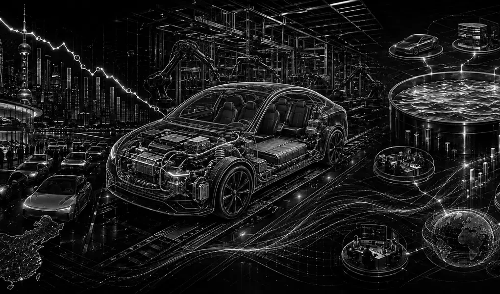 Schwarz-weiße technische Illustration von Chinas Premiumautomarkt, elektrischem Fahrzeugaufbau, flexibler Produktion und starker Industriekasse bei Mercedes-Benz.