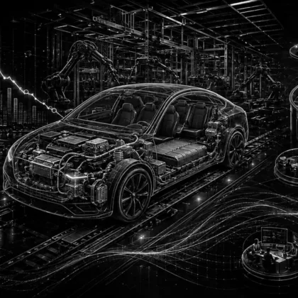 Schwarz-weiße technische Illustration von Chinas Premiumautomarkt, elektrischem Fahrzeugaufbau, flexibler Produktion und starker Industriekasse bei Mercedes-Benz.