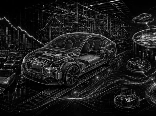 Schwarz-weiße technische Illustration von Chinas Premiumautomarkt, elektrischem Fahrzeugaufbau, flexibler Produktion und starker Industriekasse bei Mercedes-Benz.