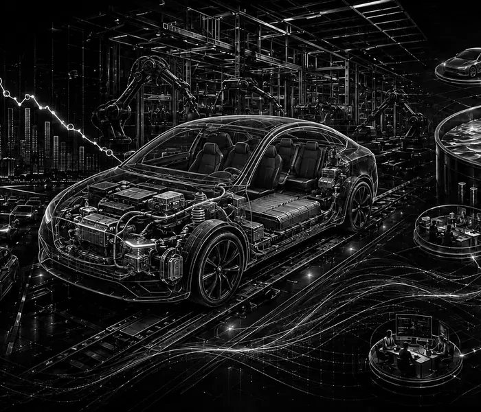 Schwarz-weiße technische Illustration von Chinas Premiumautomarkt, elektrischem Fahrzeugaufbau, flexibler Produktion und starker Industriekasse bei Mercedes-Benz.