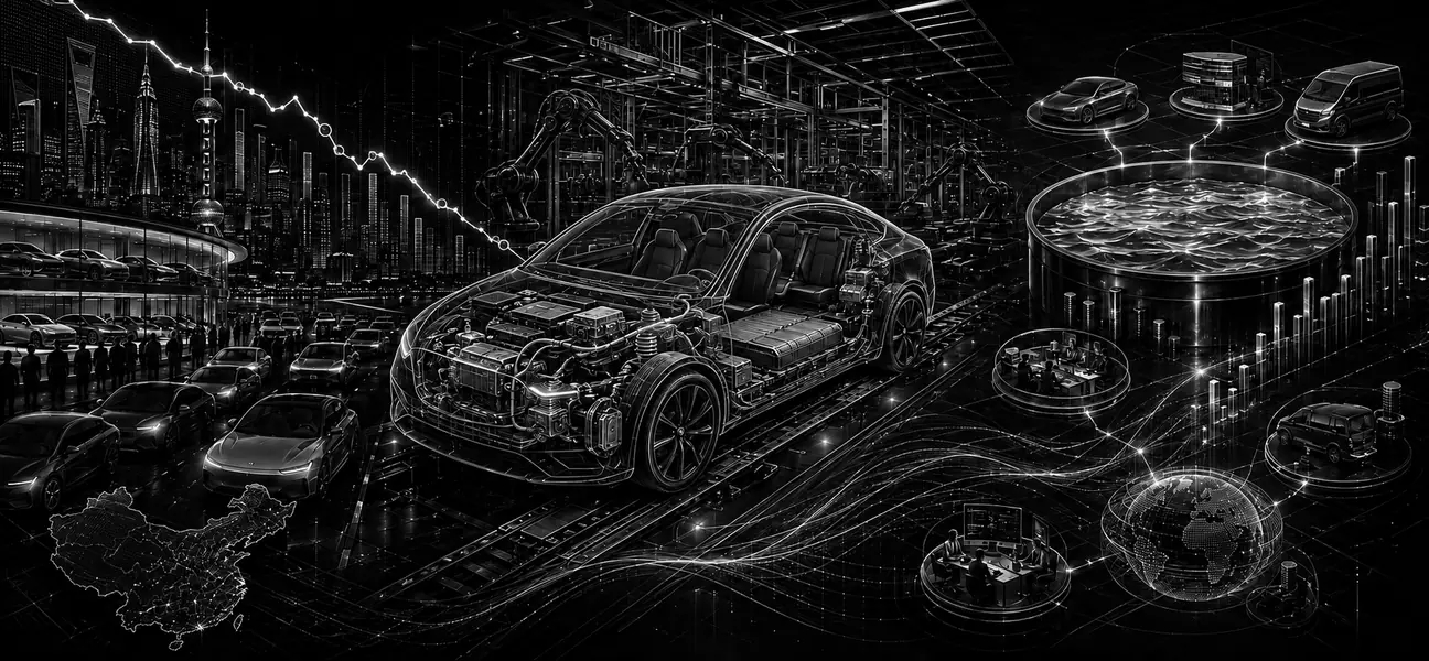 Schwarz-weiße technische Illustration von Chinas Premiumautomarkt, elektrischem Fahrzeugaufbau, flexibler Produktion und starker Industriekasse bei Mercedes-Benz.