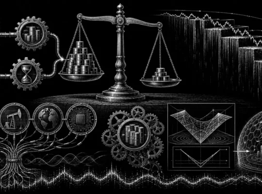 Black-and-white editorial illustration of position sizing, stop distance and portfolio risk