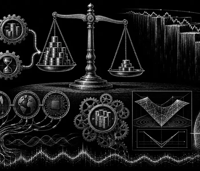 Black-and-white editorial illustration of position sizing, stop distance and portfolio risk