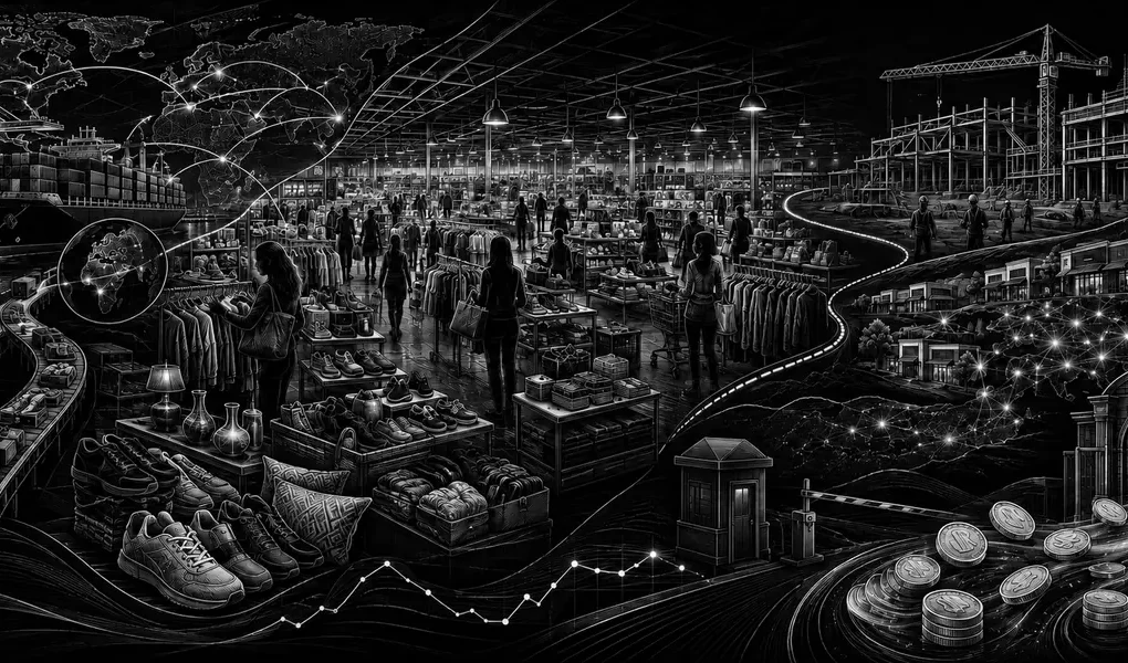 Black-and-white editorial illustration of off-price merchandise, customer traffic, global supply chains, store expansion and a separate tariff-refund flow.