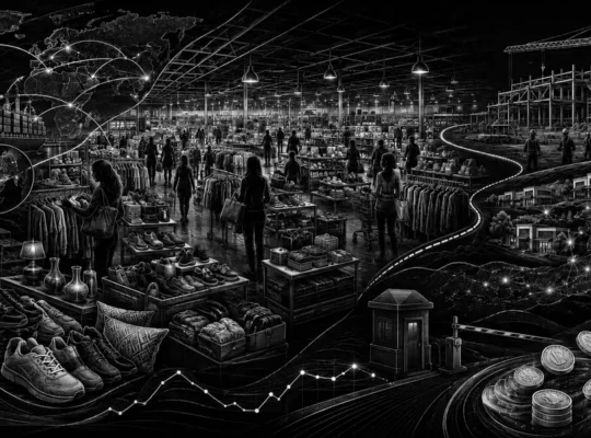 Black-and-white editorial illustration of off-price merchandise, customer traffic, global supply chains, store expansion and a separate tariff-refund flow.