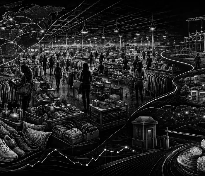 Black-and-white editorial illustration of off-price merchandise, customer traffic, global supply chains, store expansion and a separate tariff-refund flow.