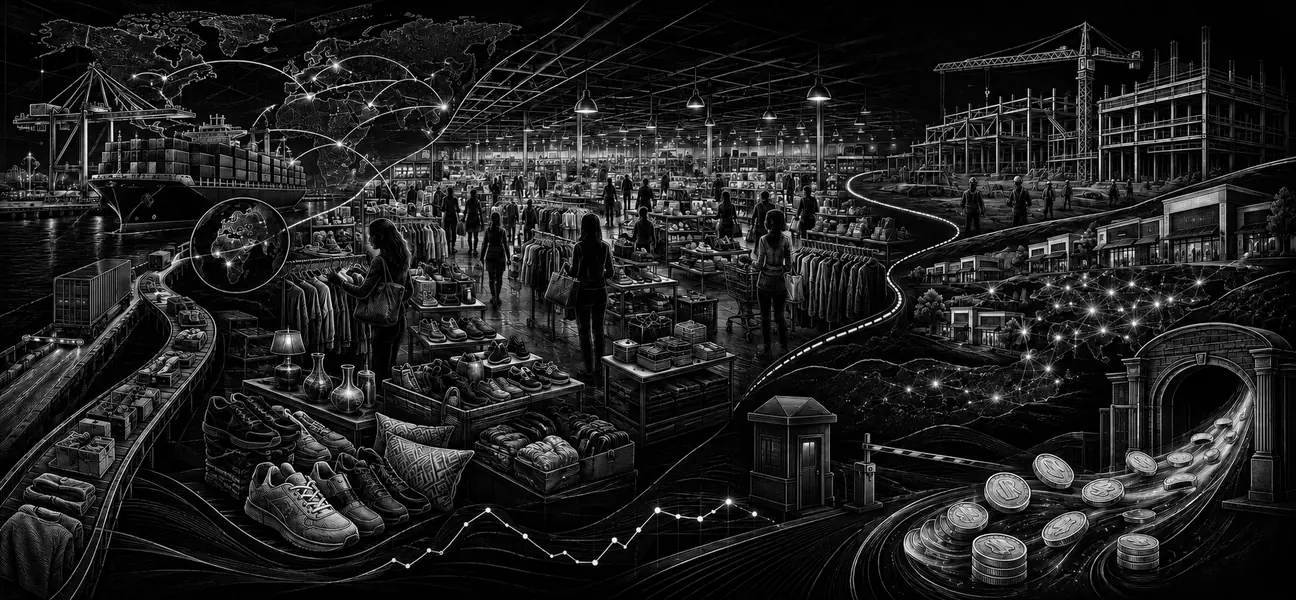 Black-and-white editorial illustration of off-price merchandise, customer traffic, global supply chains, store expansion and a separate tariff-refund flow.