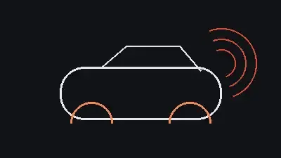 Dunkle einfache Strichzeichnung eines autonomen Robotaxi-Fahrzeugs mit Sensorsignalen