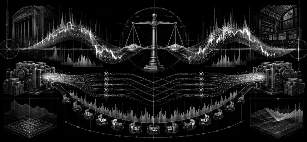 Black-and-white editorial illustration of volume-weighted price and institutional execution