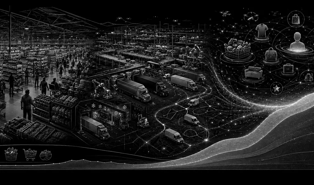 Black-and-white editorial illustration connecting Walmart-scale stores, automated logistics, e-commerce, marketplace, membership and higher-margin digital advertising.