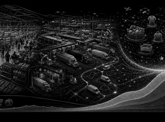 Black-and-white editorial illustration connecting Walmart-scale stores, automated logistics, e-commerce, marketplace, membership and higher-margin digital advertising.