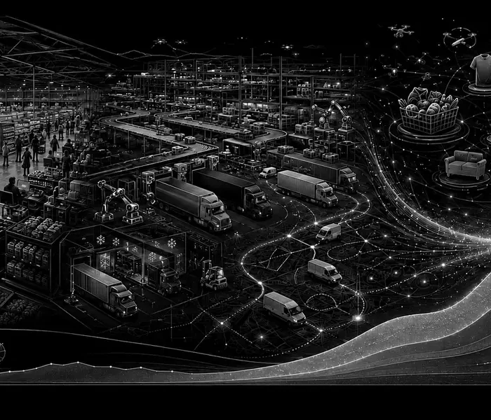 Black-and-white editorial illustration connecting Walmart-scale stores, automated logistics, e-commerce, marketplace, membership and higher-margin digital advertising.