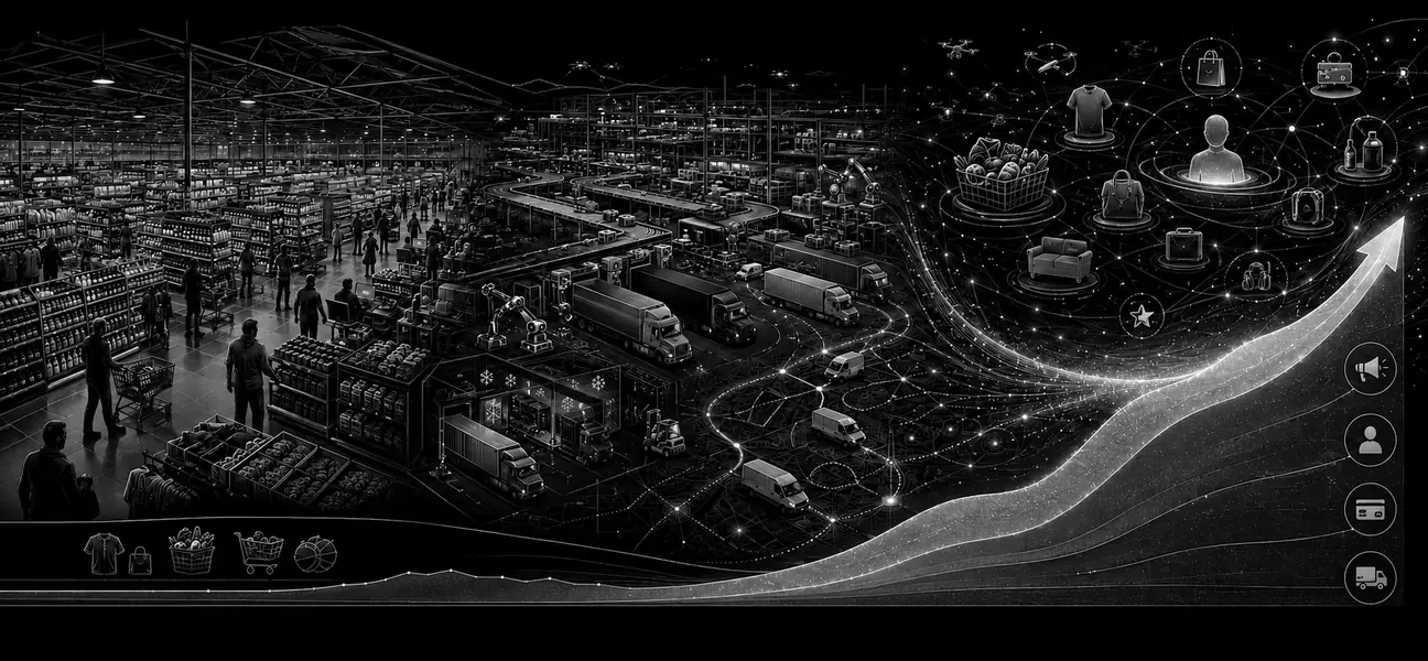 Black-and-white editorial illustration connecting Walmart-scale stores, automated logistics, e-commerce, marketplace, membership and higher-margin digital advertising.