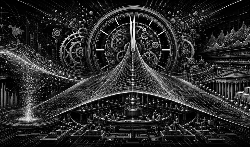 Black-and-white editorial illustration of same-day options, gamma and time decay
