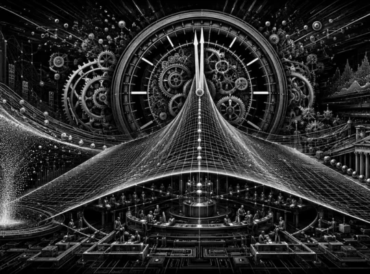 Black-and-white editorial illustration of same-day options, gamma and time decay