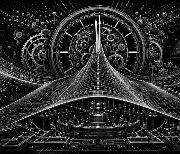 Black-and-white editorial illustration of same-day options, gamma and time decay