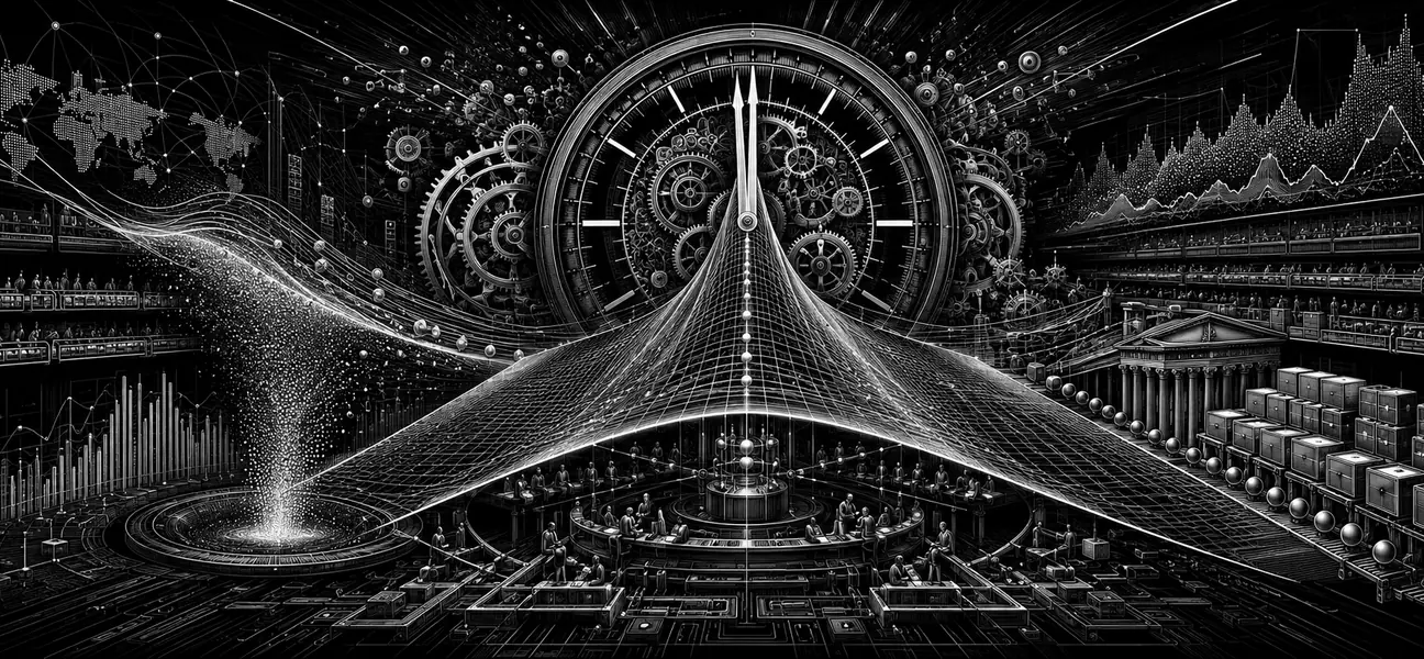 Black-and-white editorial illustration of same-day options, gamma and time decay