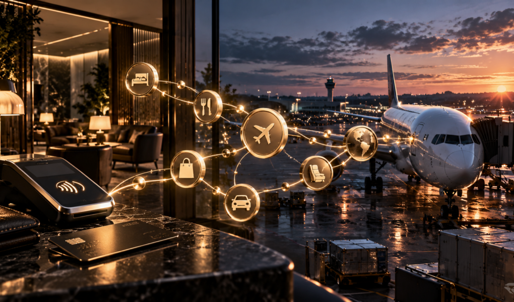 Textfreies Editorial-Motiv aus Flugzeug, Lounge, Zahlungsinfrastruktur und abstrakten Loyalty-Verbindungen als Symbol für das Milliarden-Geschäft mit Flugmeilen