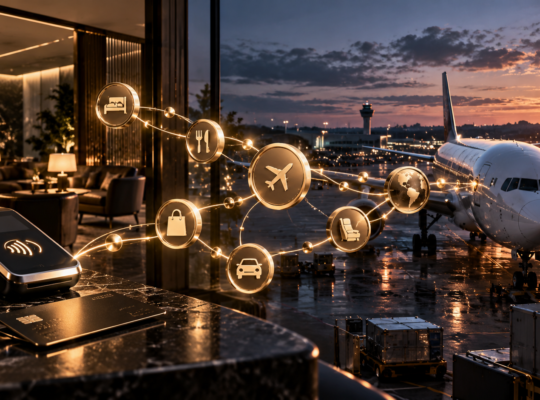 Textfreies Editorial-Motiv aus Flugzeug, Lounge, Zahlungsinfrastruktur und abstrakten Loyalty-Verbindungen als Symbol für das Milliarden-Geschäft mit Flugmeilen