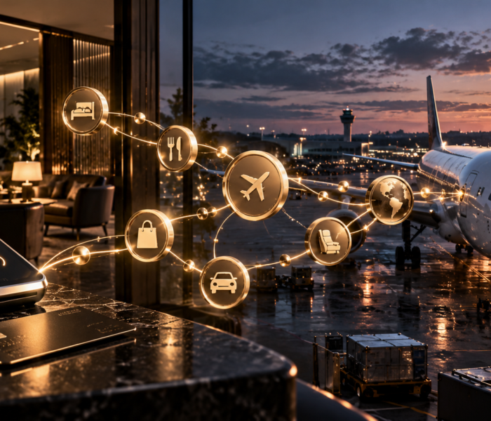 Textfreies Editorial-Motiv aus Flugzeug, Lounge, Zahlungsinfrastruktur und abstrakten Loyalty-Verbindungen als Symbol für das Milliarden-Geschäft mit Flugmeilen
