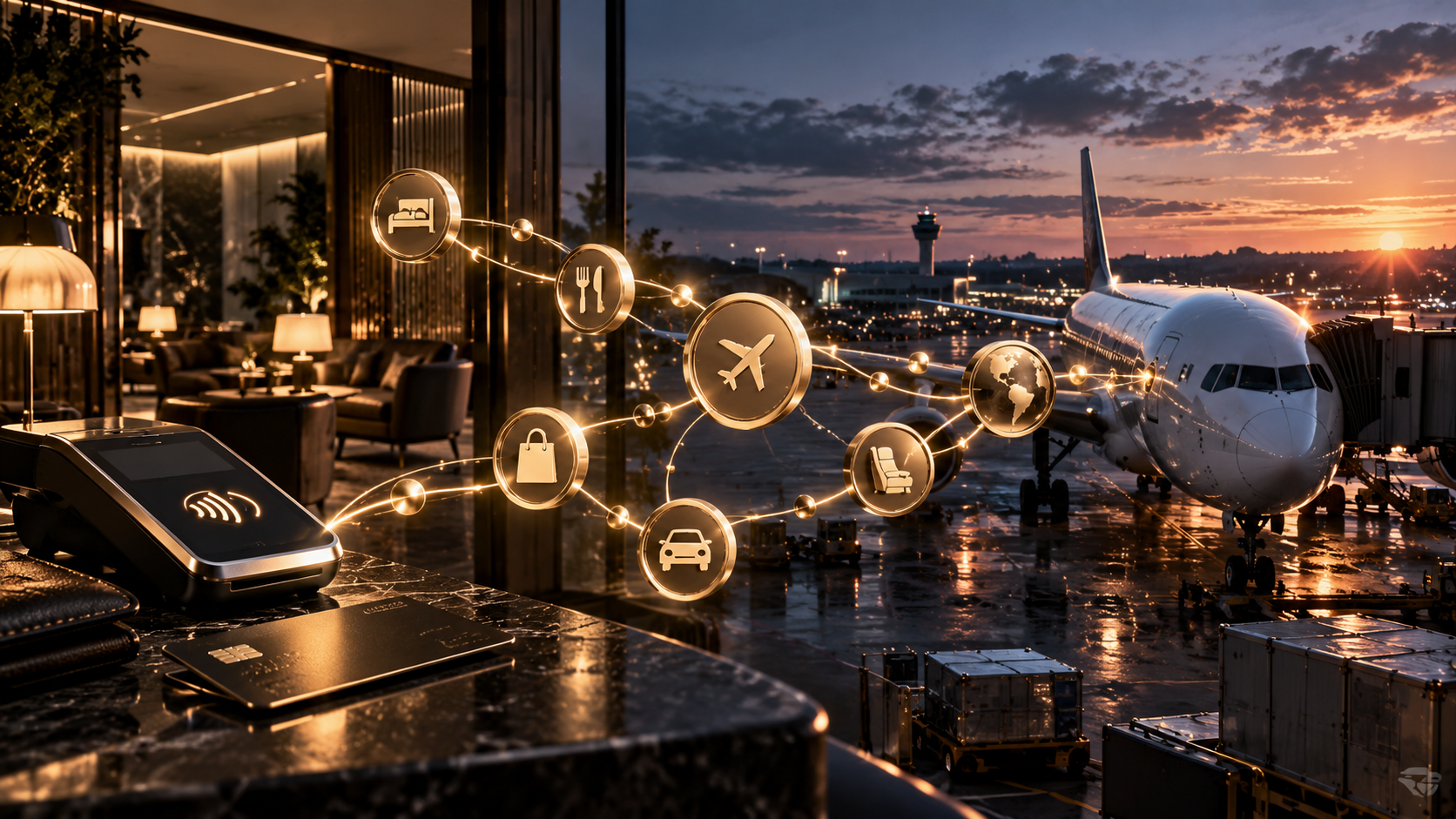 Textfreies Editorial-Motiv aus Flugzeug, Lounge, Zahlungsinfrastruktur und abstrakten Loyalty-Verbindungen als Symbol für das Milliarden-Geschäft mit Flugmeilen