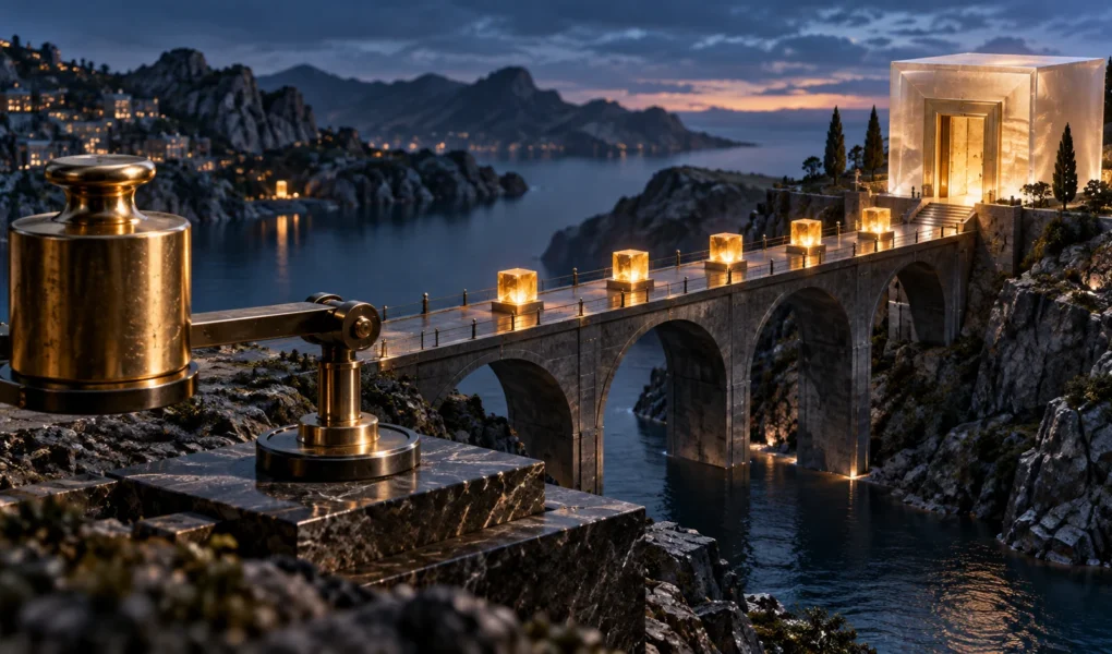 Five illuminated cubes along a bridge lead to a larger vault, symbolizing annual bond coupons and principal repayment.