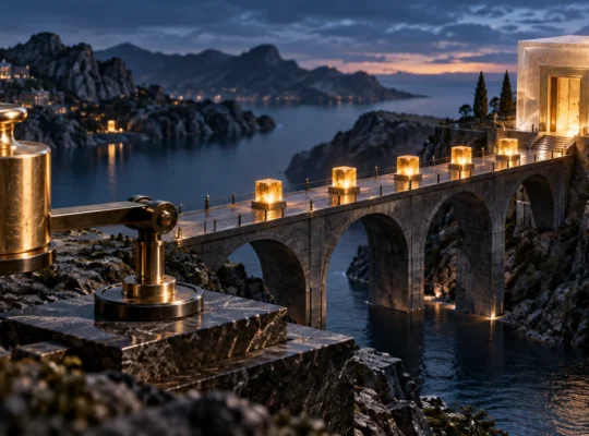 Five illuminated cubes along a bridge lead to a larger vault, symbolizing annual bond coupons and principal repayment.