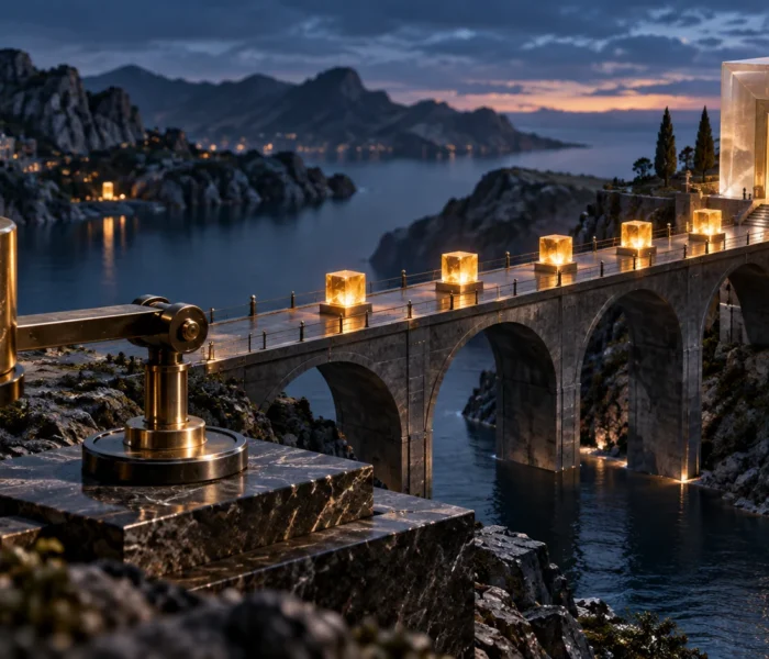 Five illuminated cubes along a bridge lead to a larger vault, symbolizing annual bond coupons and principal repayment.