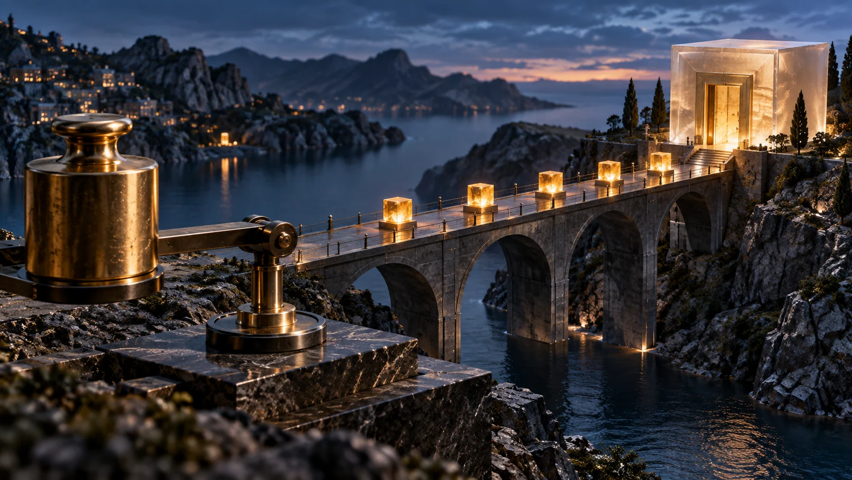 Five illuminated cubes along a bridge lead to a larger vault, symbolizing annual bond coupons and principal repayment.