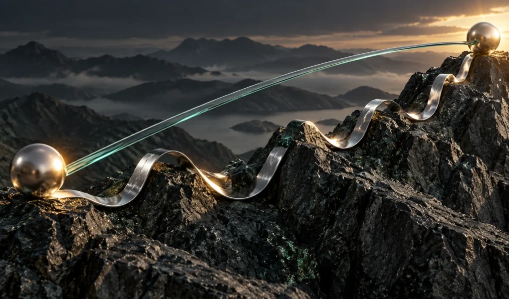 Smooth glass arc and winding silver ribbon connect the same endpoints across a rocky landscape, illustrating CAGR and the hidden return path.