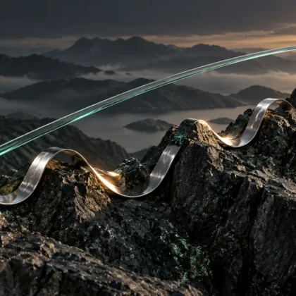 Smooth glass arc and winding silver ribbon connect the same endpoints across a rocky landscape, illustrating CAGR and the hidden return path.