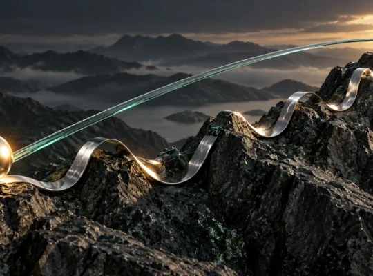 Smooth glass arc and winding silver ribbon connect the same endpoints across a rocky landscape, illustrating CAGR and the hidden return path.