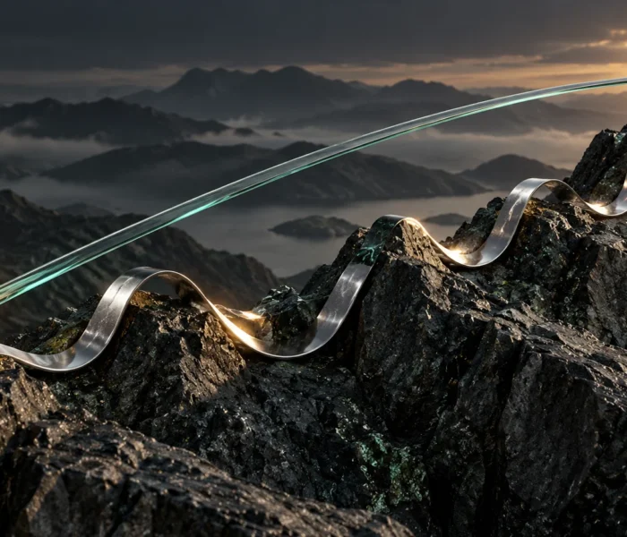 Smooth glass arc and winding silver ribbon connect the same endpoints across a rocky landscape, illustrating CAGR and the hidden return path.