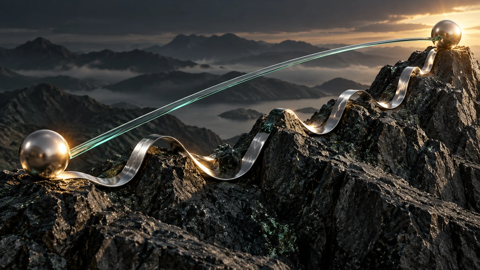 Smooth glass arc and winding silver ribbon connect the same endpoints across a rocky landscape, illustrating CAGR and the hidden return path.