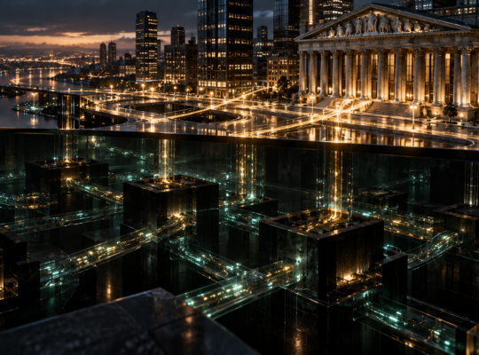 Textfreies Editorial-Motiv einer sichtbaren Börsenstadt über einem verborgenen Netzwerk aus Liquiditätskanälen und Handelsblöcken