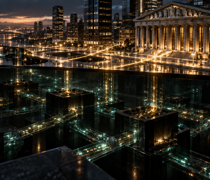 Textfreies Editorial-Motiv einer sichtbaren Börsenstadt über einem verborgenen Netzwerk aus Liquiditätskanälen und Handelsblöcken