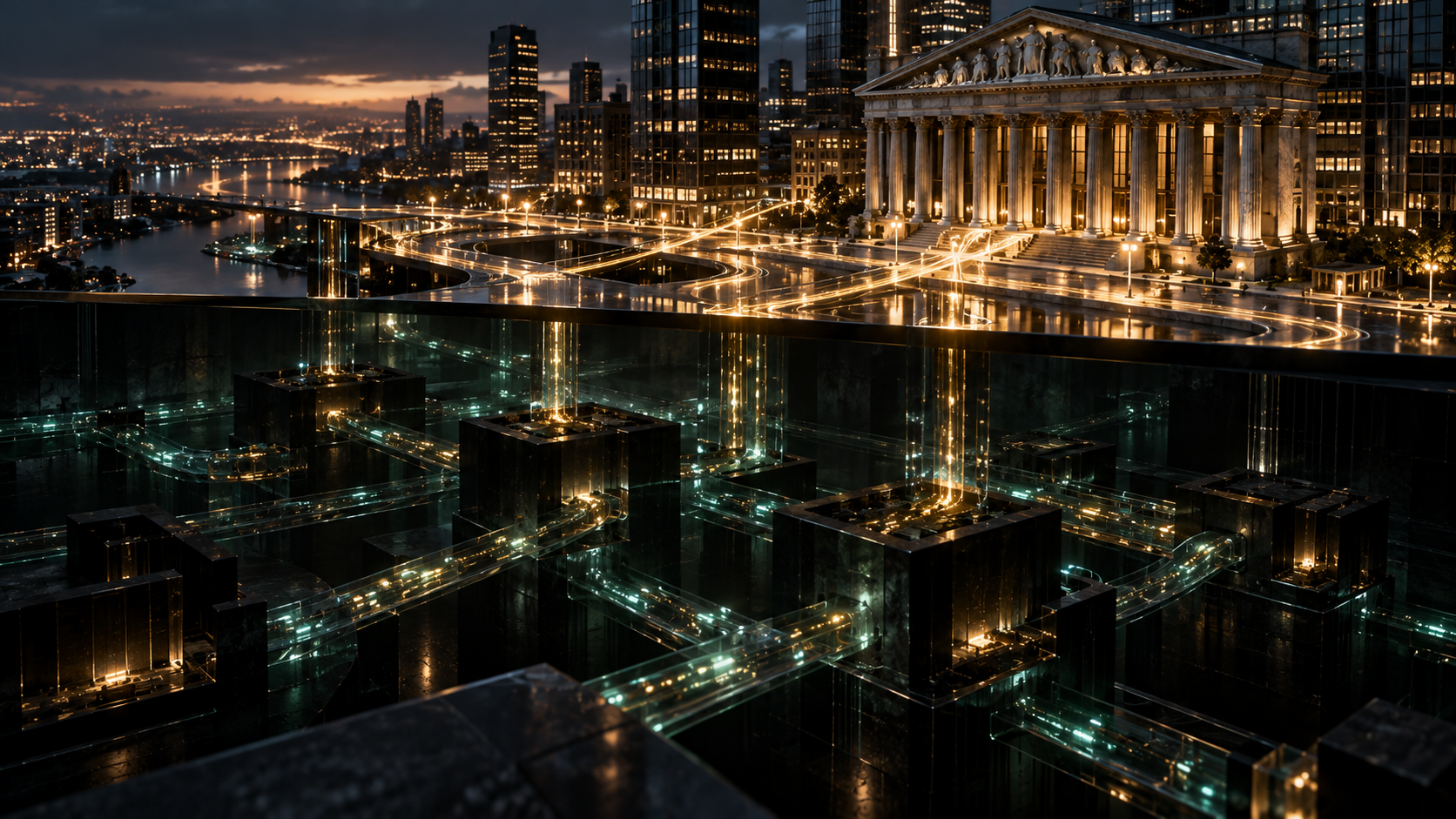 Textfreies Editorial-Motiv einer sichtbaren Börsenstadt über einem verborgenen Netzwerk aus Liquiditätskanälen und Handelsblöcken