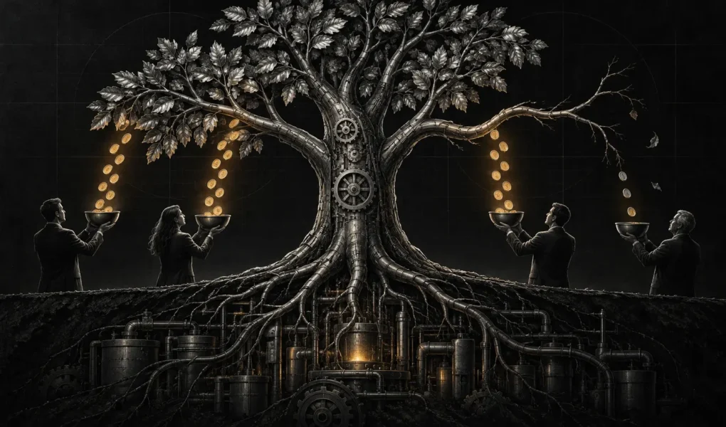Dark editorial illustration of a mechanical tree distributing recurring cash flows while one weakened branch signals dividend risk