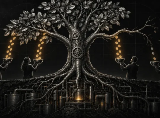 Dark editorial illustration of a mechanical tree distributing recurring cash flows while one weakened branch signals dividend risk
